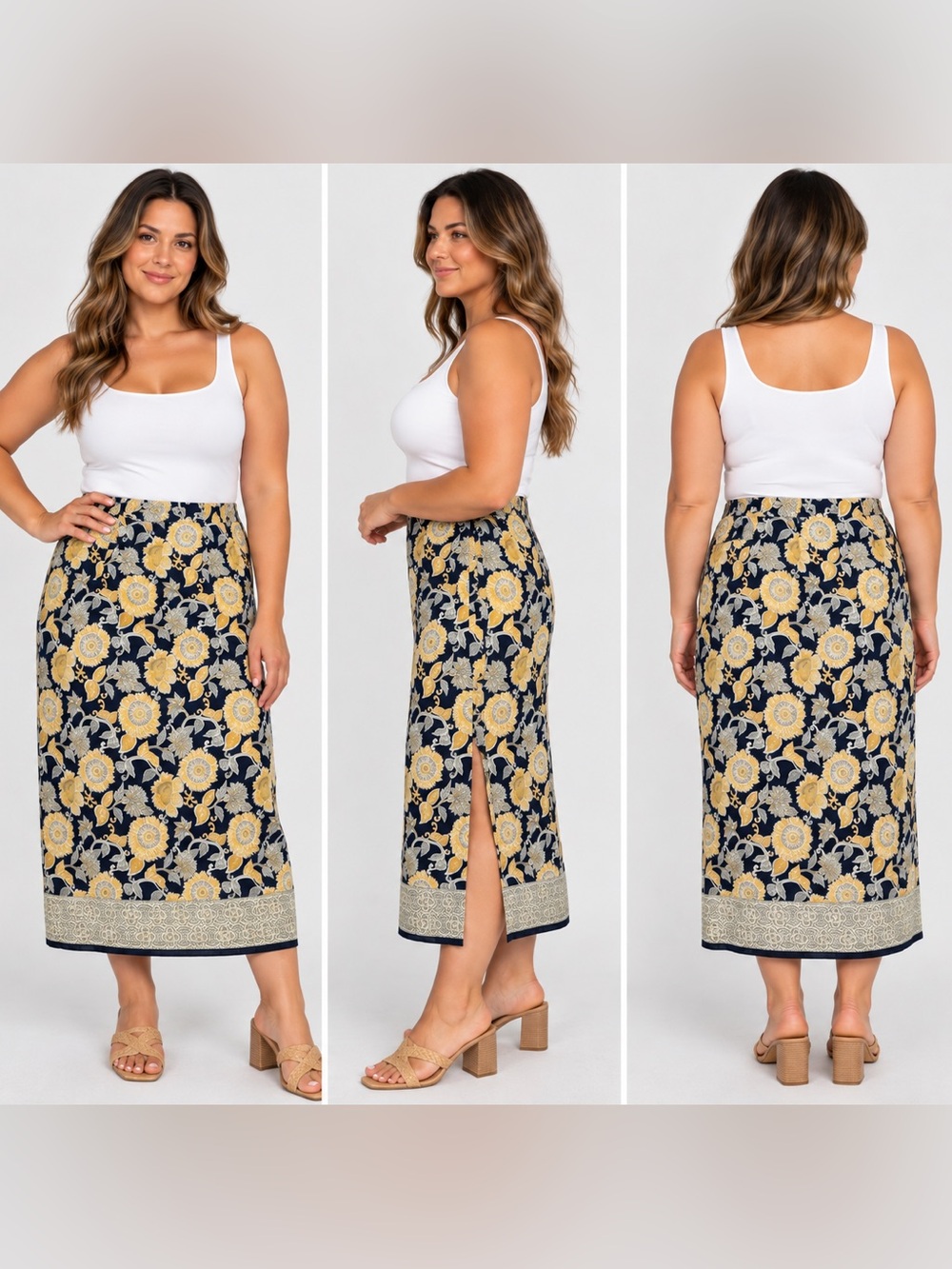 Norton McNaughton Navy Gold Floral Midi Skirt Size 16 100% Rayon
